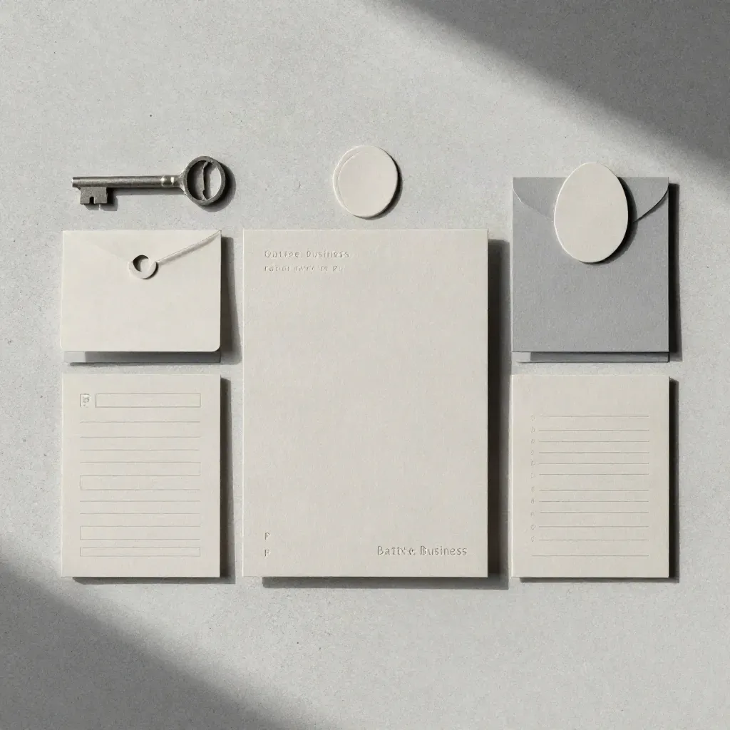 Överhead flatlay med tre neutrala kort, rund pappersbricka och tunn bindning på betong.
